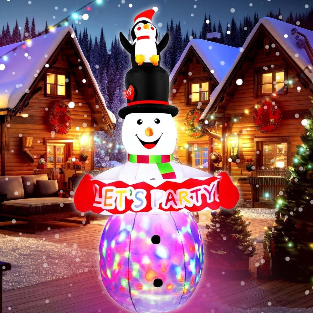 8 FT Christmas Inflatables Colorful Snowman with Penguin& Colorful Rotating LED